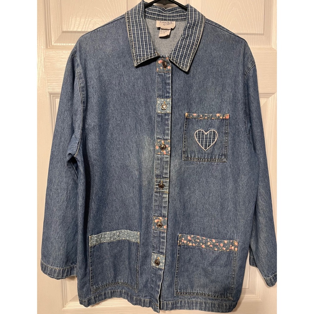 Teddi‎ Vintage Denim Heart Plaid Floral Chore Jacket Medium Wash Blue Womens M